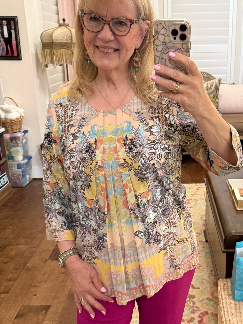 Soft Surroundings Pastel Floral Tunic in Yellow, Peach and Blue
